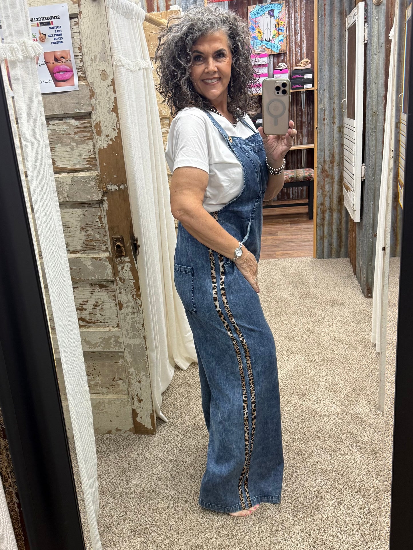Denim / Leopard Trim Overalls