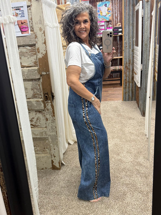 Denim / Leopard Trim Overalls
