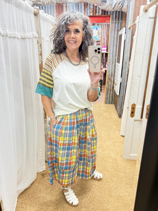 ECRU STRIPE MIX WASHED COTTON TOP