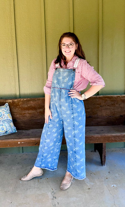 FLORAL PRINTED WASHED OVERALLS