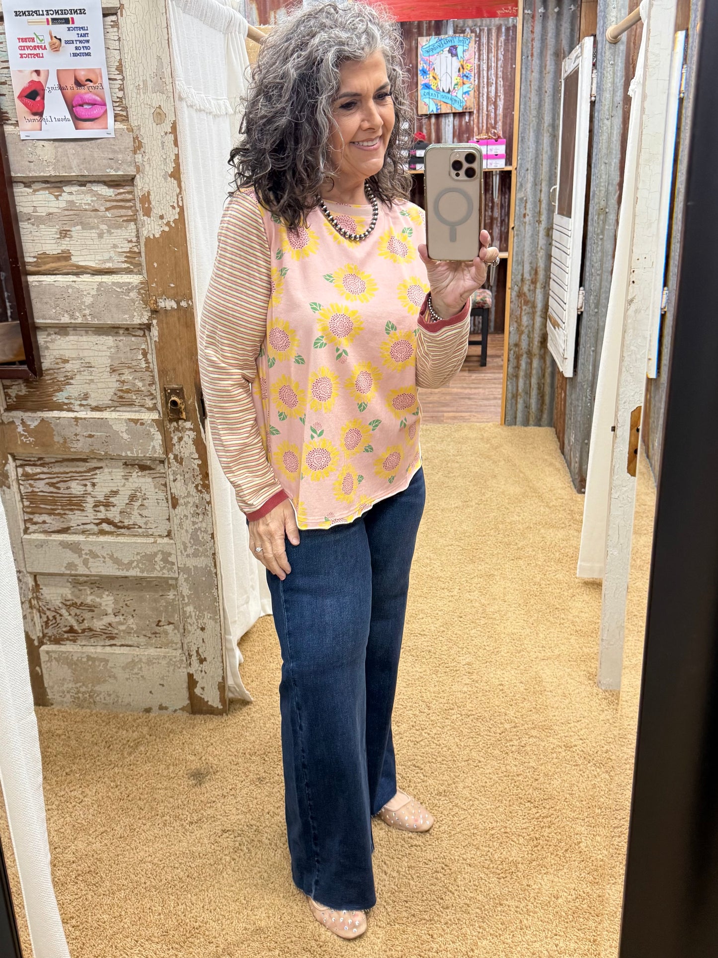 CORAL PINK FLOWER PRINT COTTON JERSEY WASHED TOP