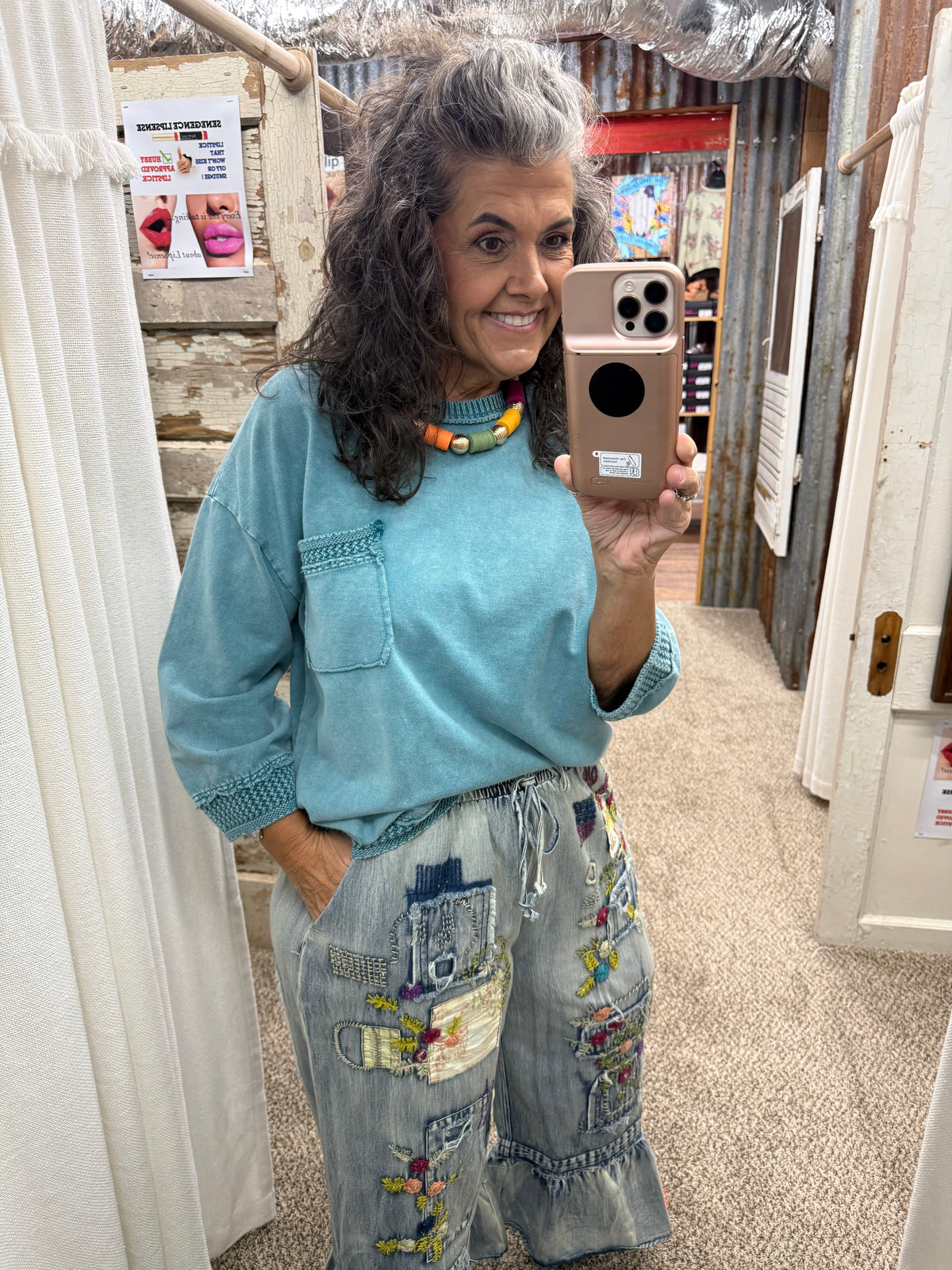 EASEL TEAL MINERAL WASHED BOXY PULLOVER