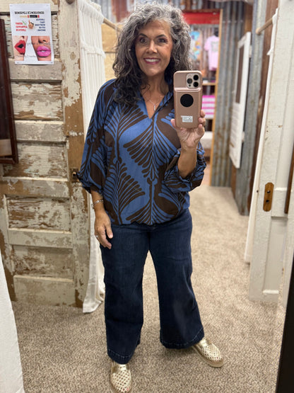 UMGEE Slate Blue Abstract Leaf Print V-Neck Balloon Sleeve Blouse