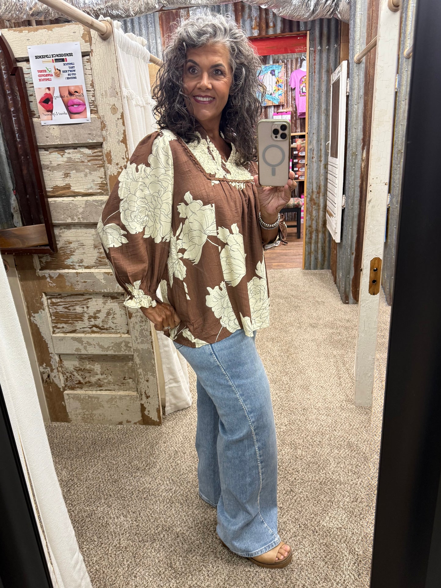 UMGEE Brown Floral Smocked Yoke Peasant Blouse