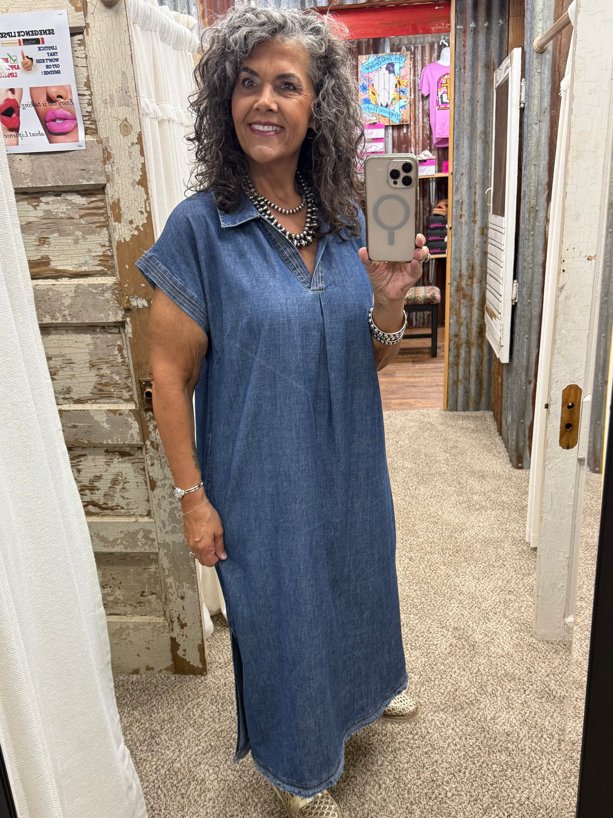 UMGEE Stone Washed Collared Denim Midi Dress