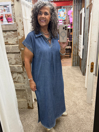 UMGEE Denim Stone Washed Collared Denim Midi Dress