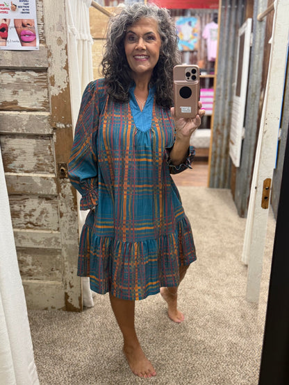 Umgee Teal Plaid Ruffled Mini Dress