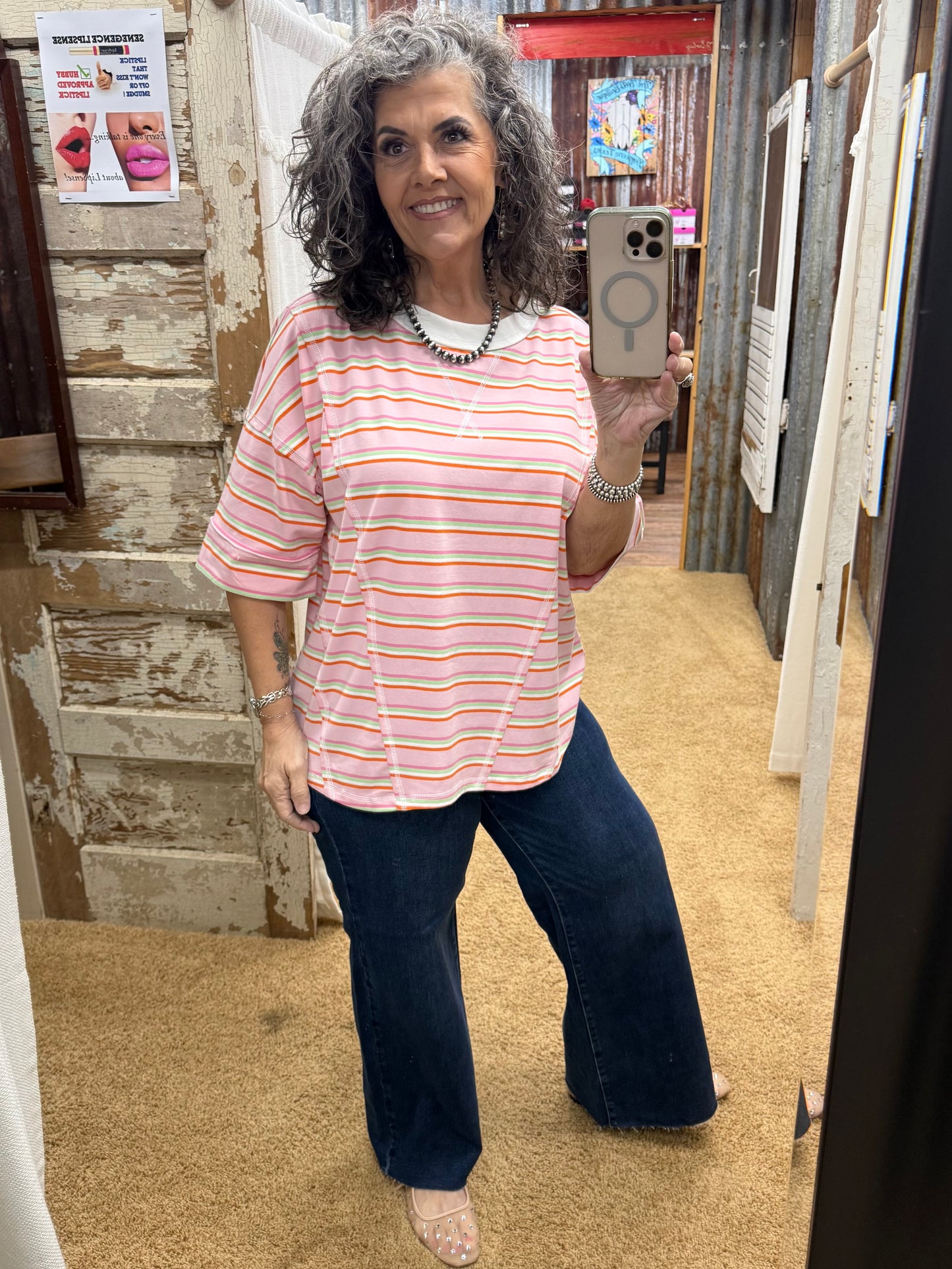 Striped Oversized Short Sleeve Knit Top: PINK COMBO