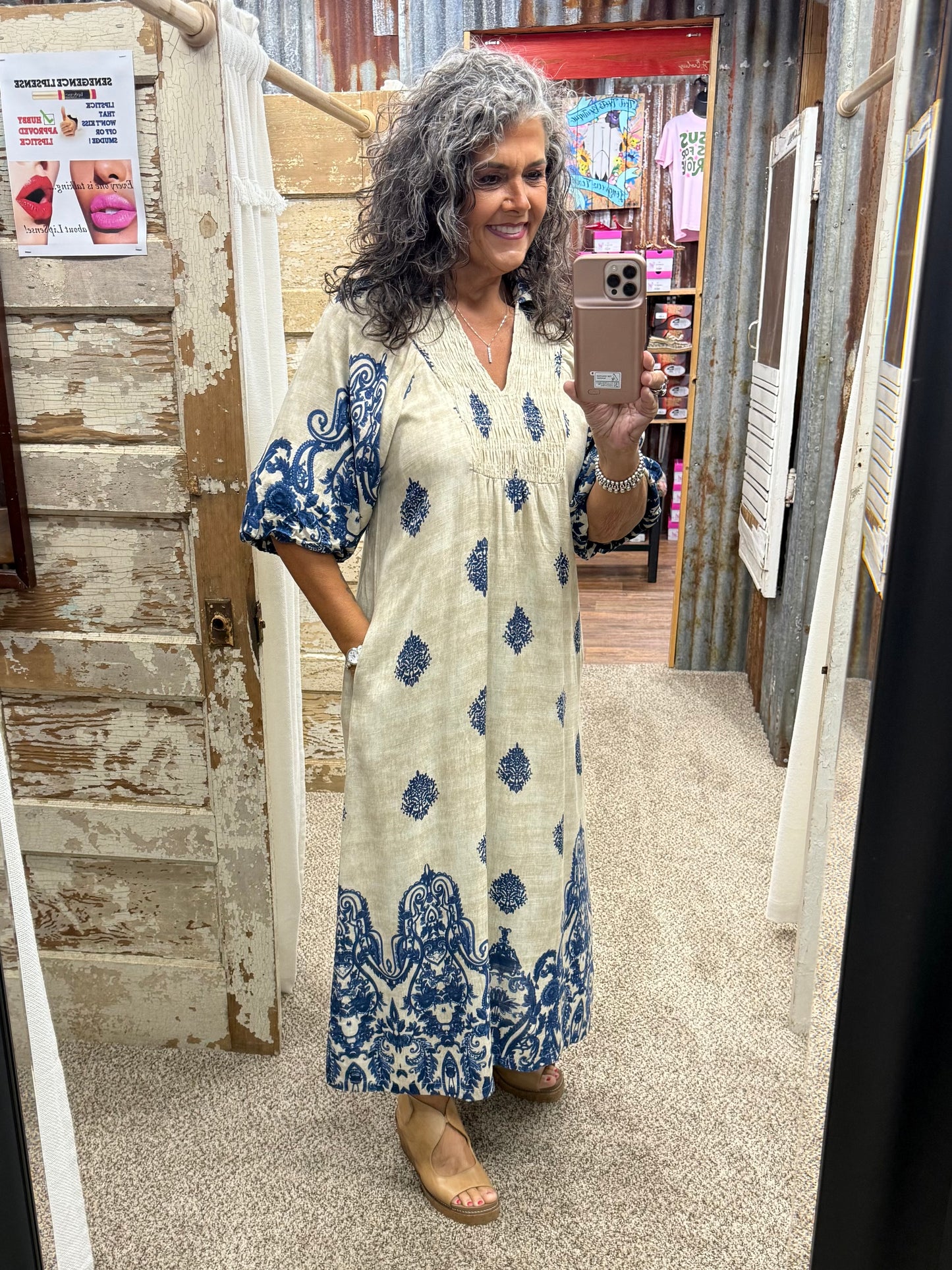 UMGEE Navy Border Print Smocked Detail Midi Dress