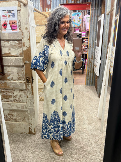 UMGEE Navy Border Print Smocked Detail Midi Dress