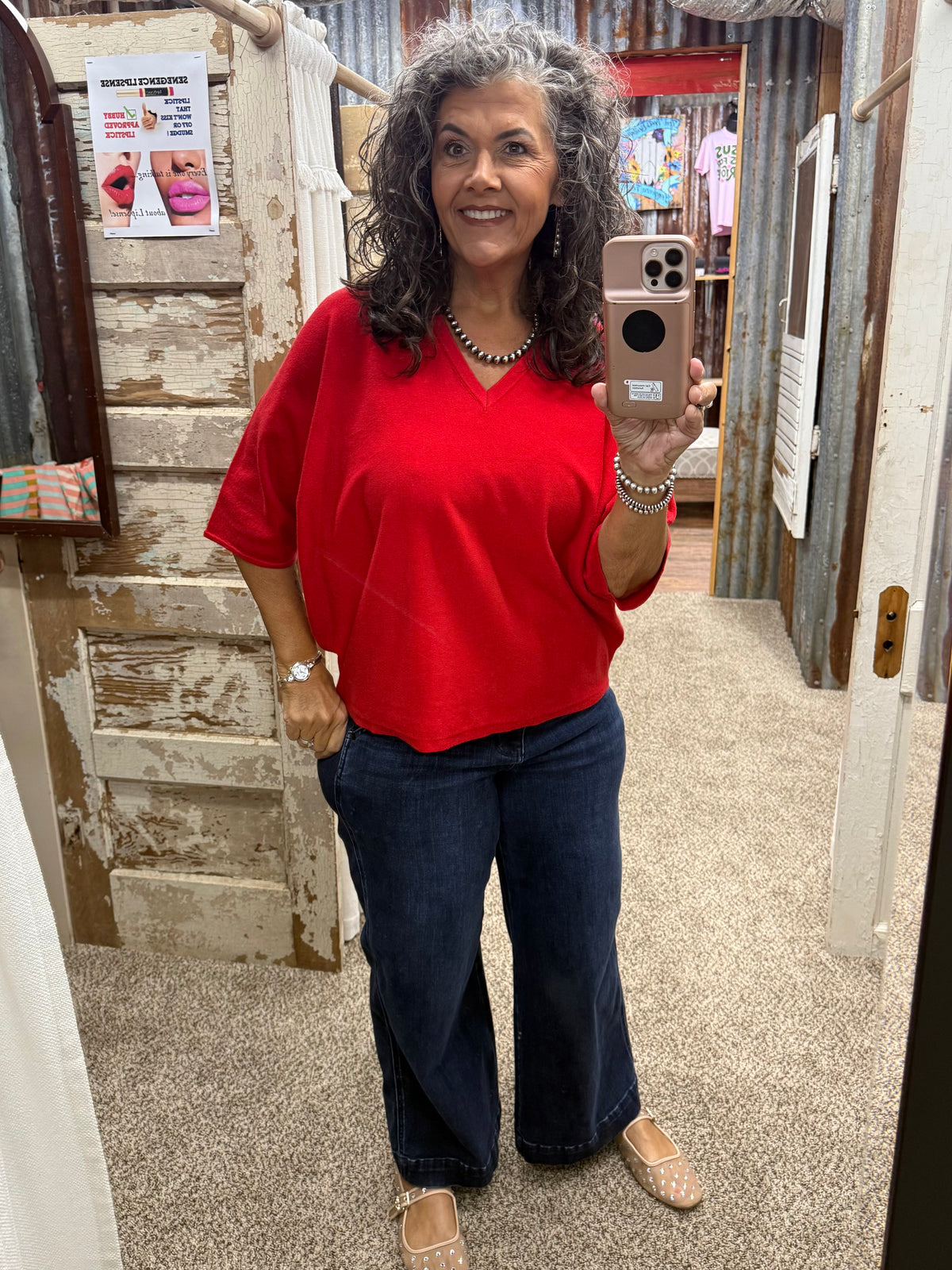 Jodifl Red Drop shoulder v neck lightweight comfy sweater top.