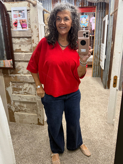Jodifl Red Drop shoulder v neck lightweight comfy sweater top.