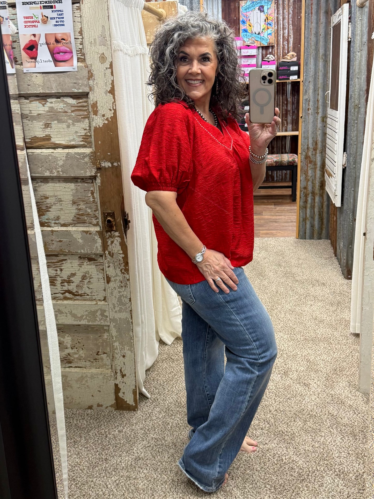 UMGEE Red Textured V-Neck Short Sleeve Top