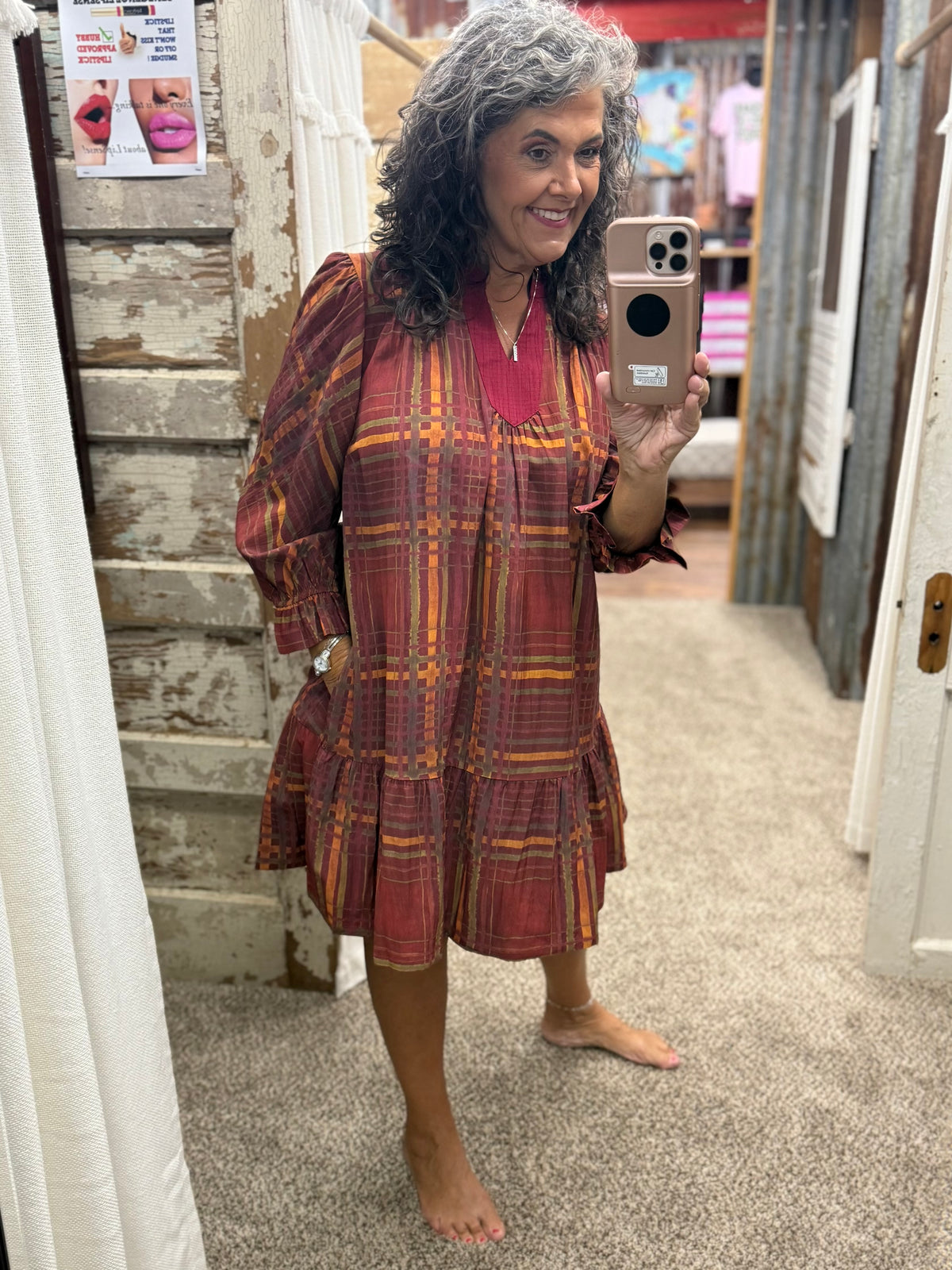 UMGEE Wine Plaid Ruffled Mini Dress