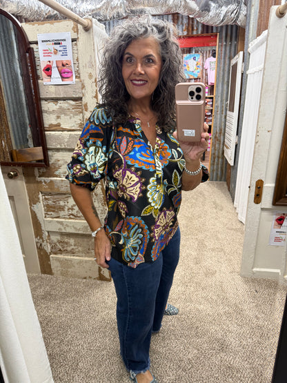 UMGEE Black Boho Paisley Puff Sleeve Blouse