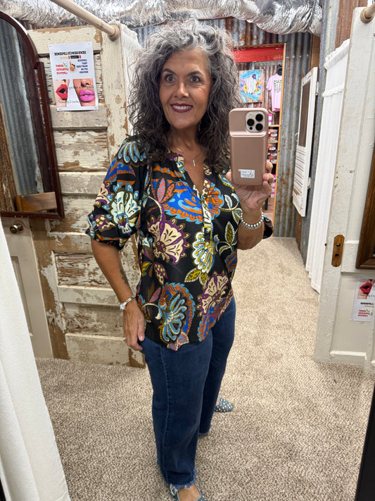 UMGEE Black Boho Paisley Puff Sleeve Blouse