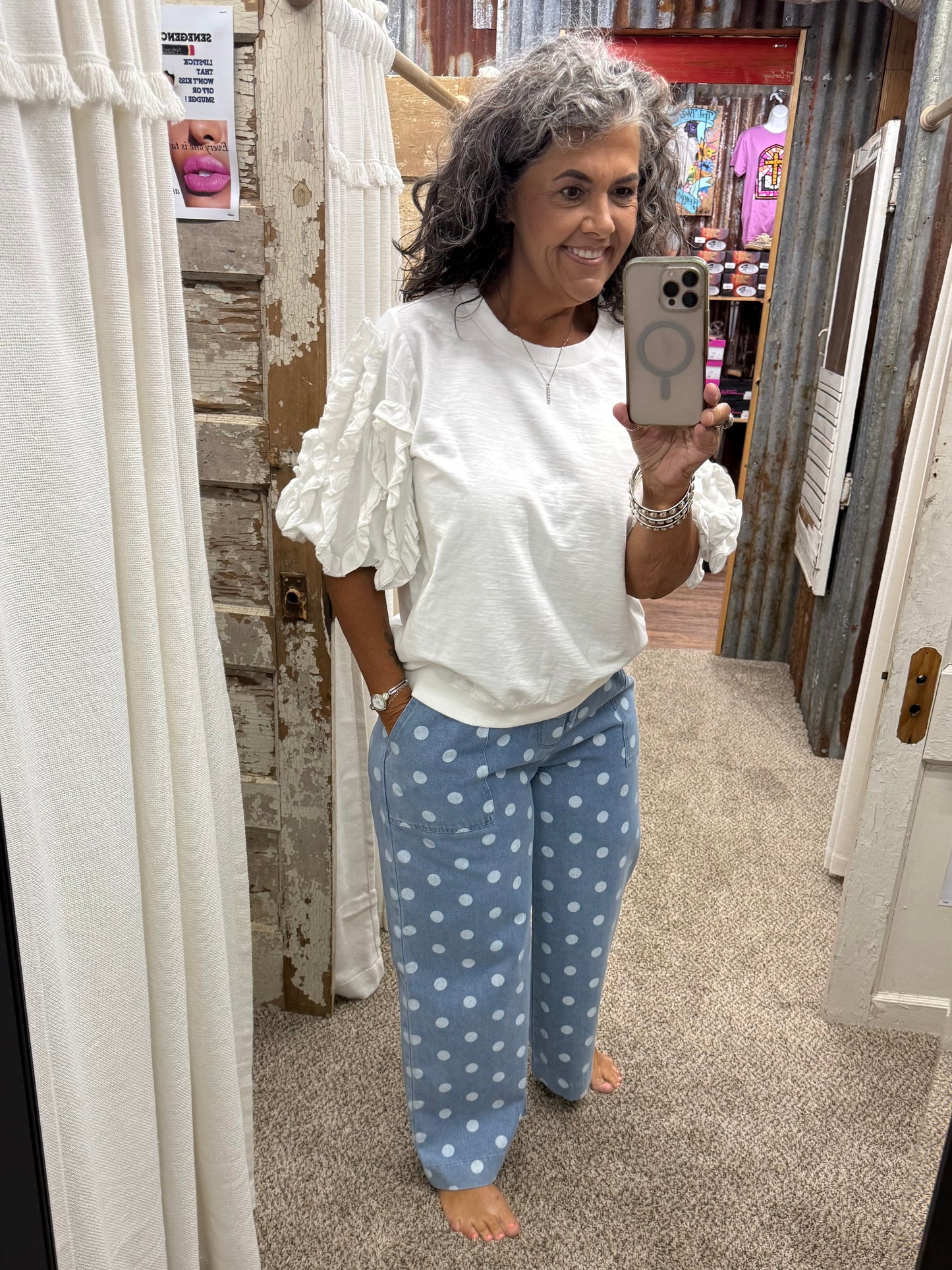 Denim Polka Dot Denim Wide Leg Pants