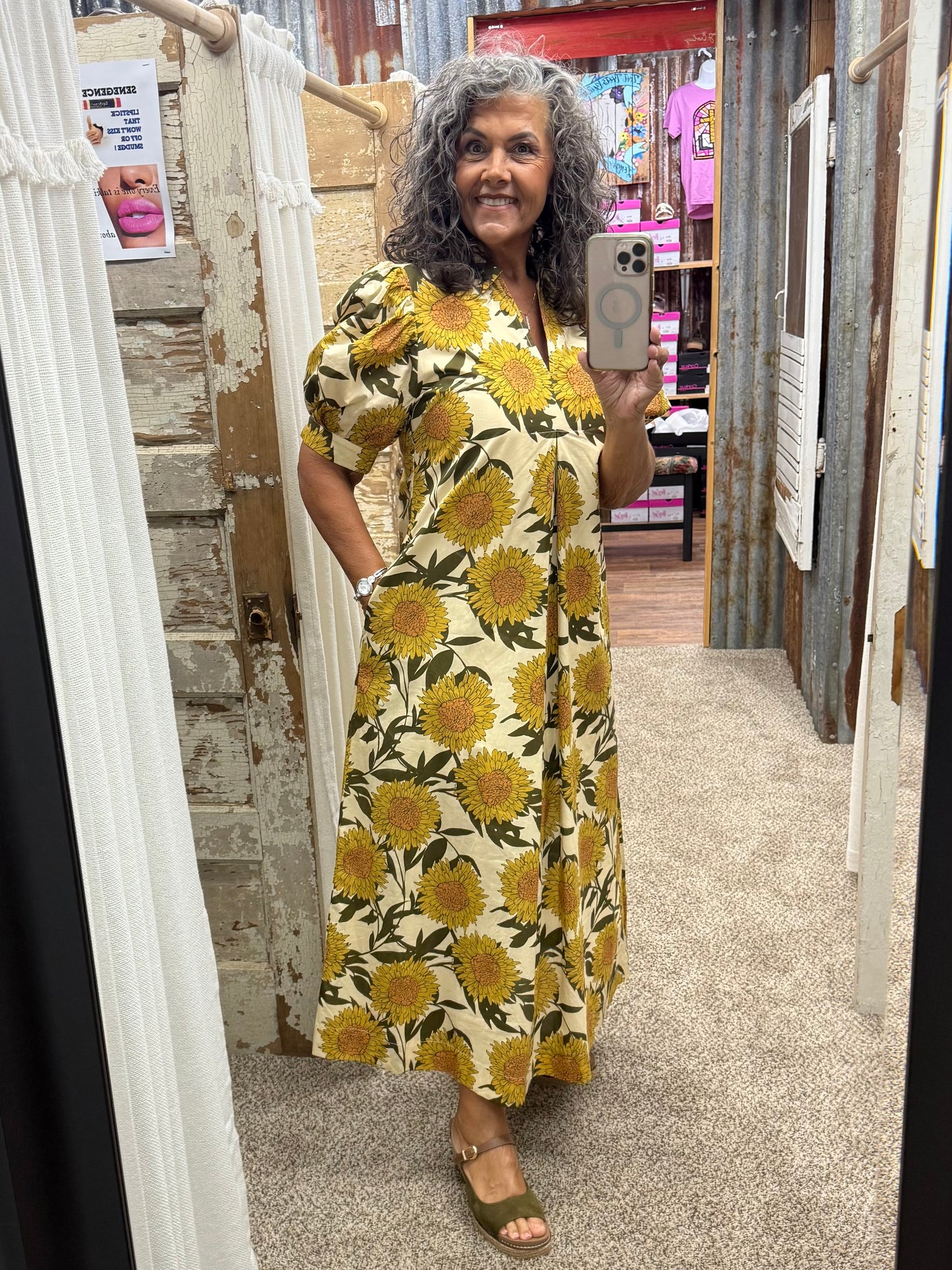 Golden Sunflower Puff Sleeve Midi Dress