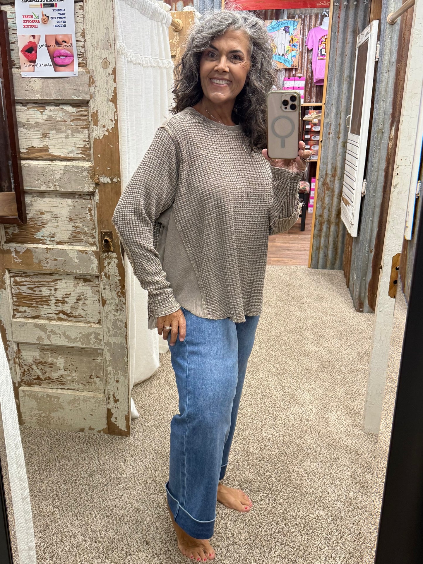 EASEL MOCHA WASHED THERMAL WAFFLE KNIT TOP