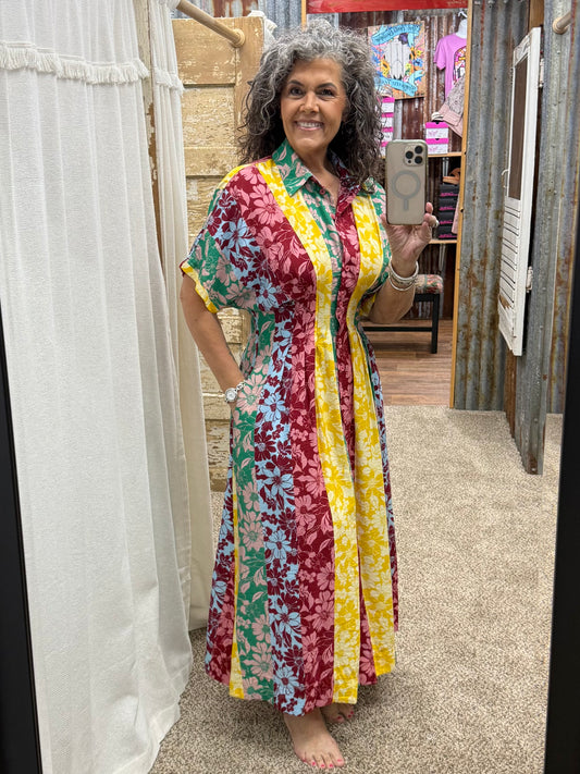 Mixed Floral Print Button-front Midi Dress: Floral Medley