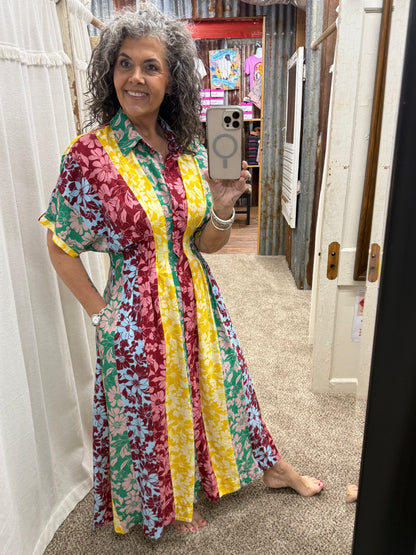 Mixed Floral Print Button-front Midi Dress: Floral Medley