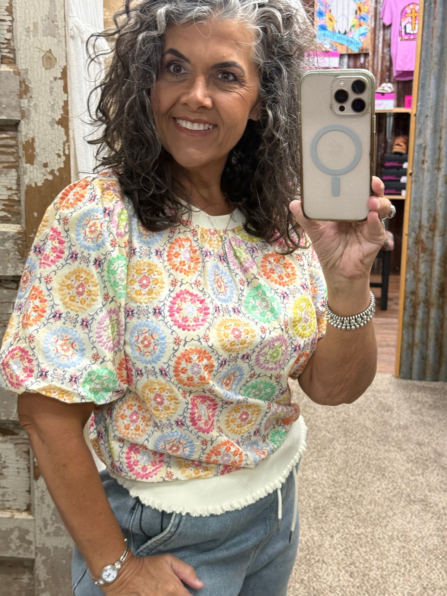 Floral Embroidered Print Bubble Sleeve Top