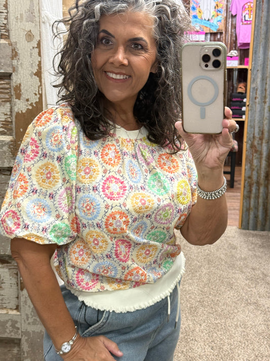 Floral Embroidered Print Bubble Sleeve Top