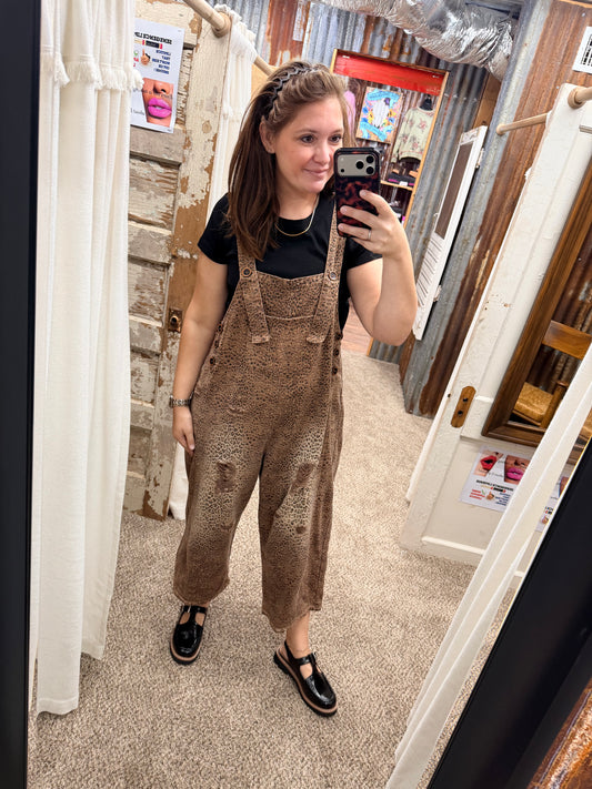 Easel Mocha Animal Printed Washed Denim Overalls