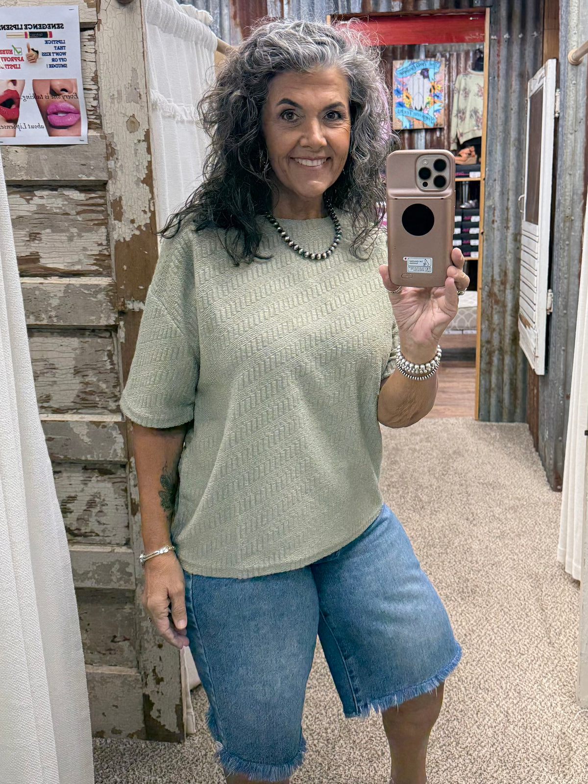 Textured Short Sleeve Top: OLIVE