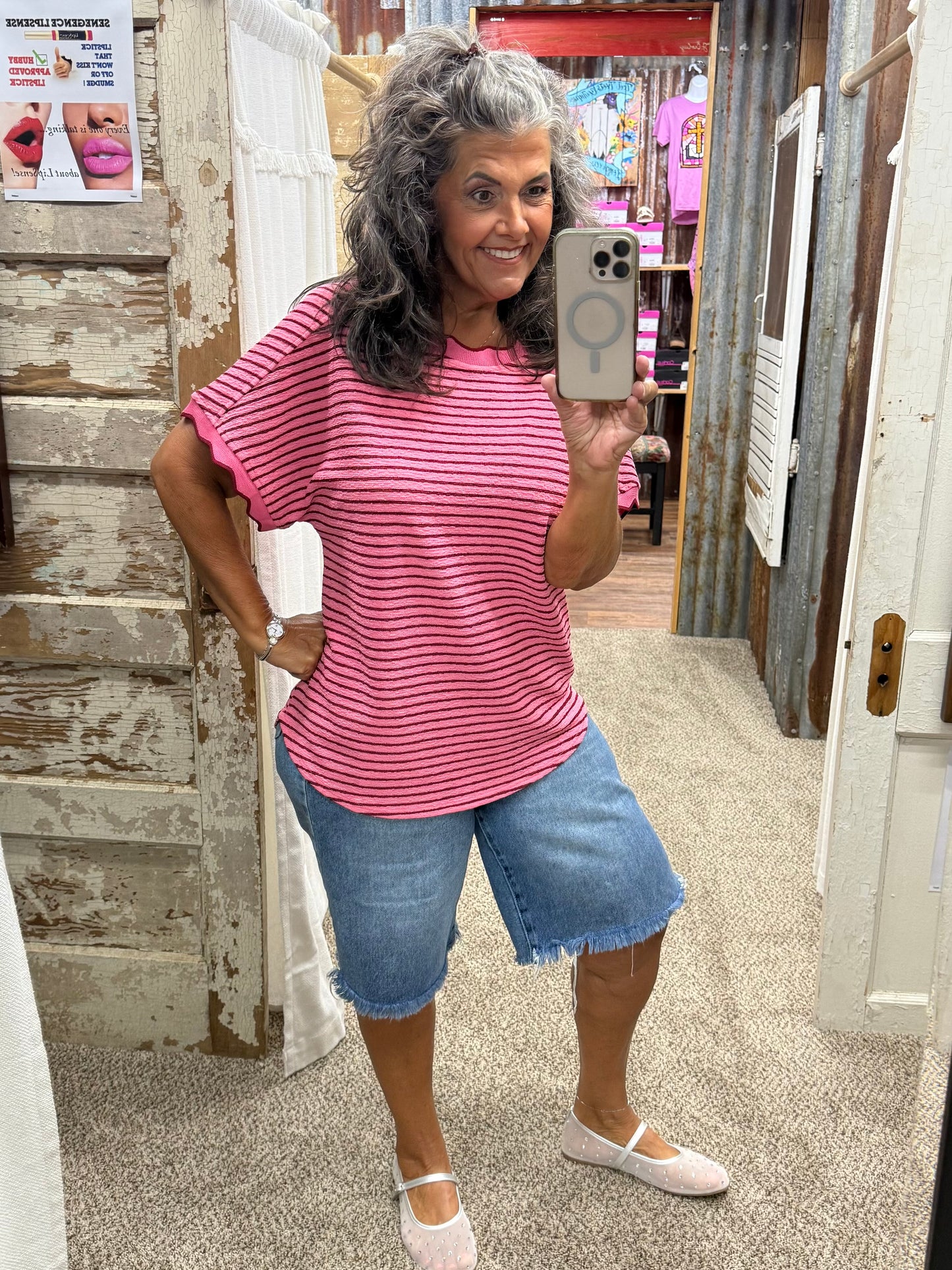Scallop Trim Stripe Knit Top: PINK STRIPE