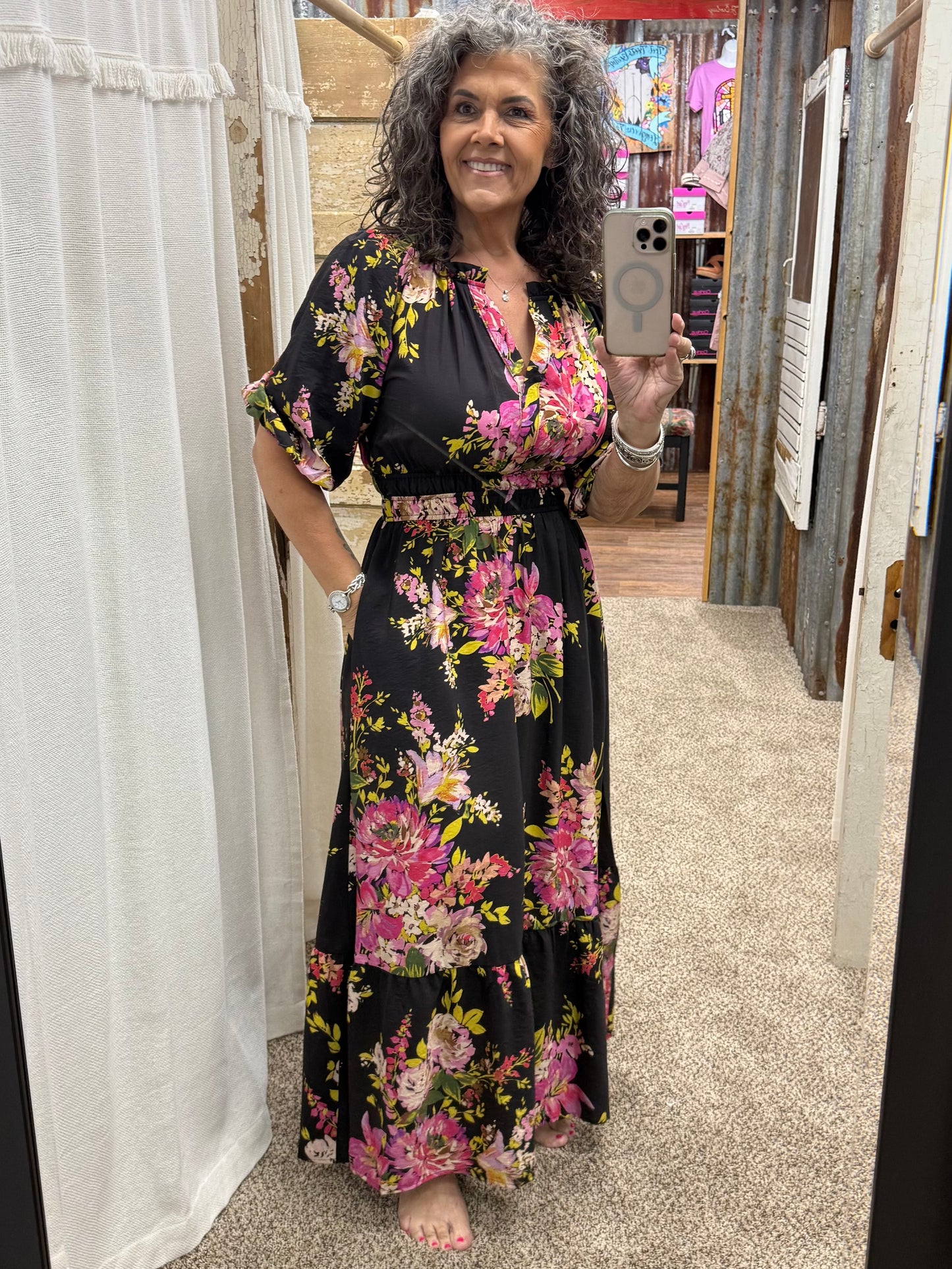 Black Floral Print Midi Dress