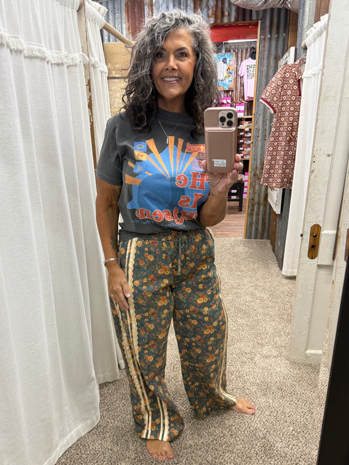 WASHED FLORAL DENIM SIDE LACE TRIM ELASTIC PANTS