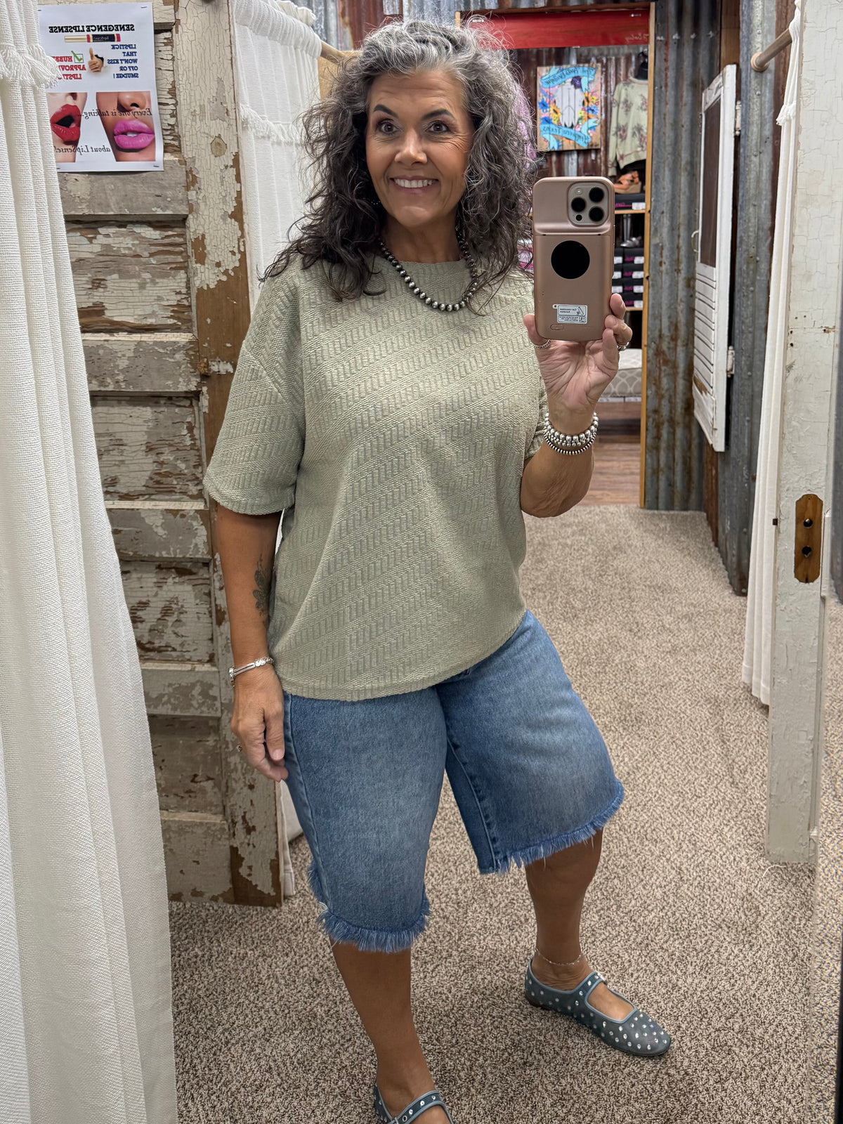 Textured Short Sleeve Top: OLIVE
