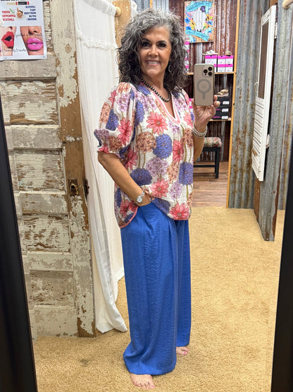UMGEE Blue Solid Pleat Wide-Leg Cropped Pants
