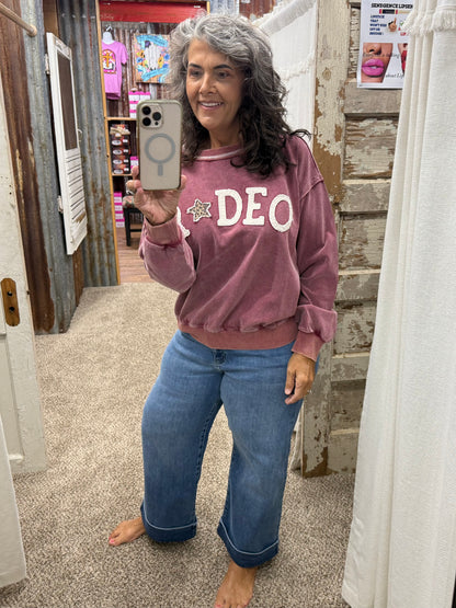 🤠 Rodeo Patch Front Washed Terry Pullover — Mulberry 🤠