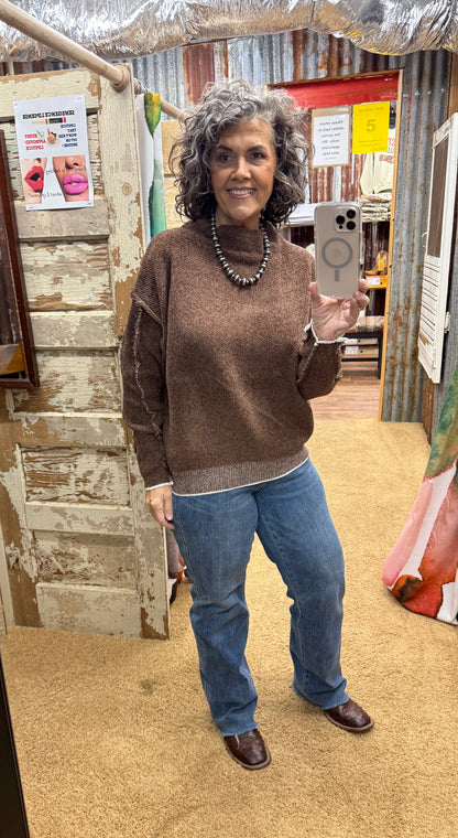 Brown Oversized Mock Neck Chenille Sweater