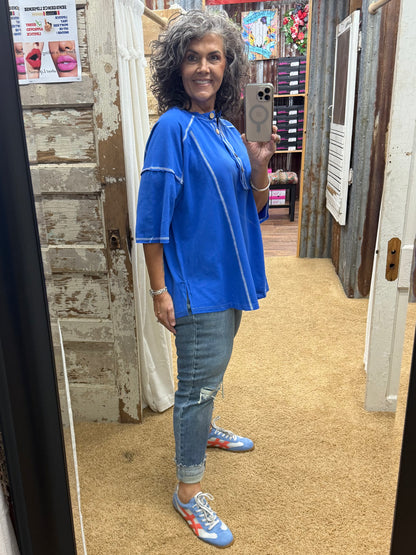 Relaxed Blue Game Day Button Henley Tee