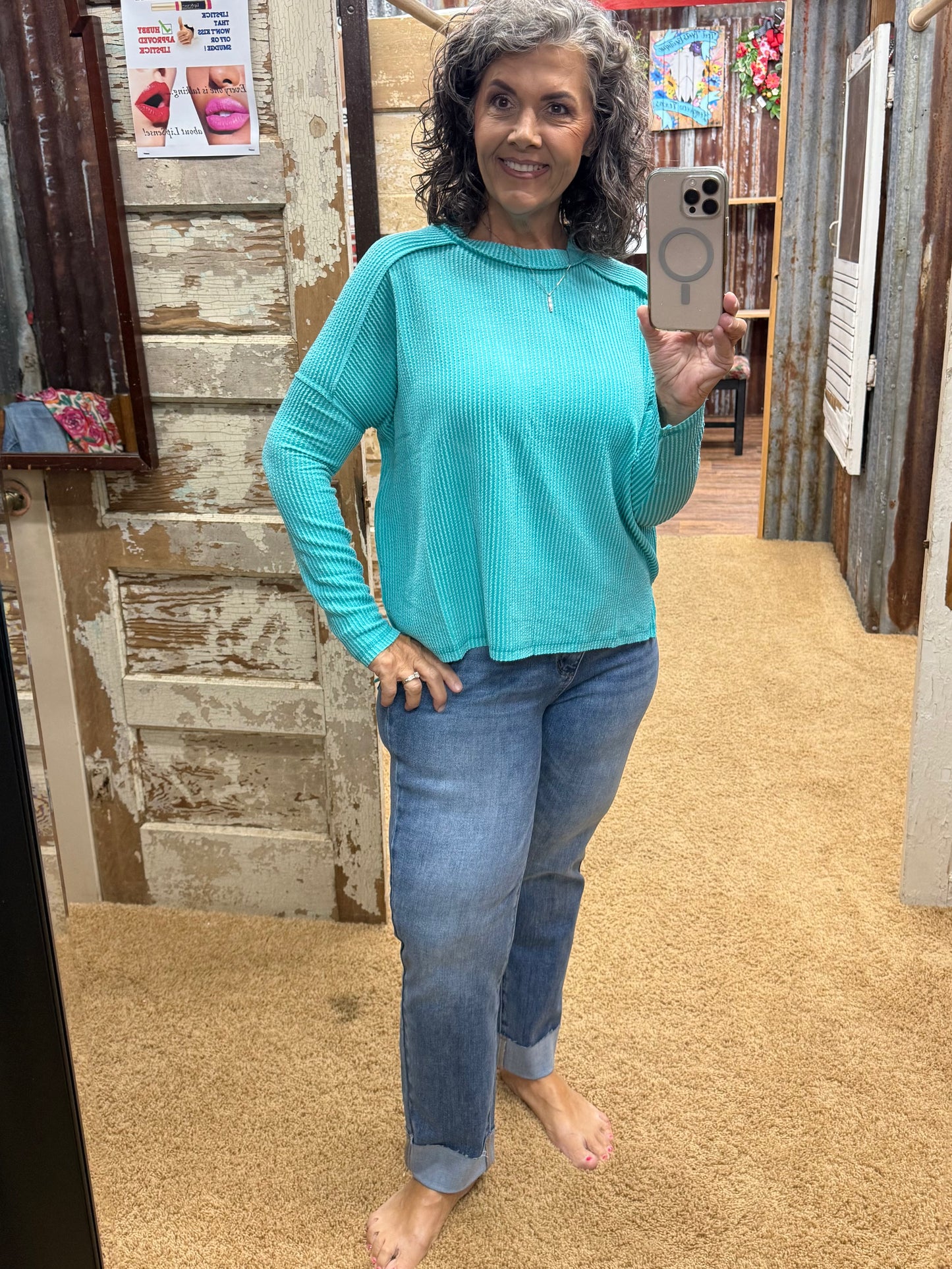 Turquoise Urban Ribbed Long Sleeve Top
