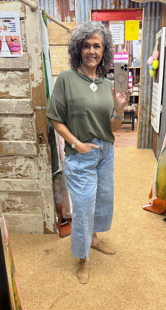 Olive Urban Ribbed Short Sleeve Top
