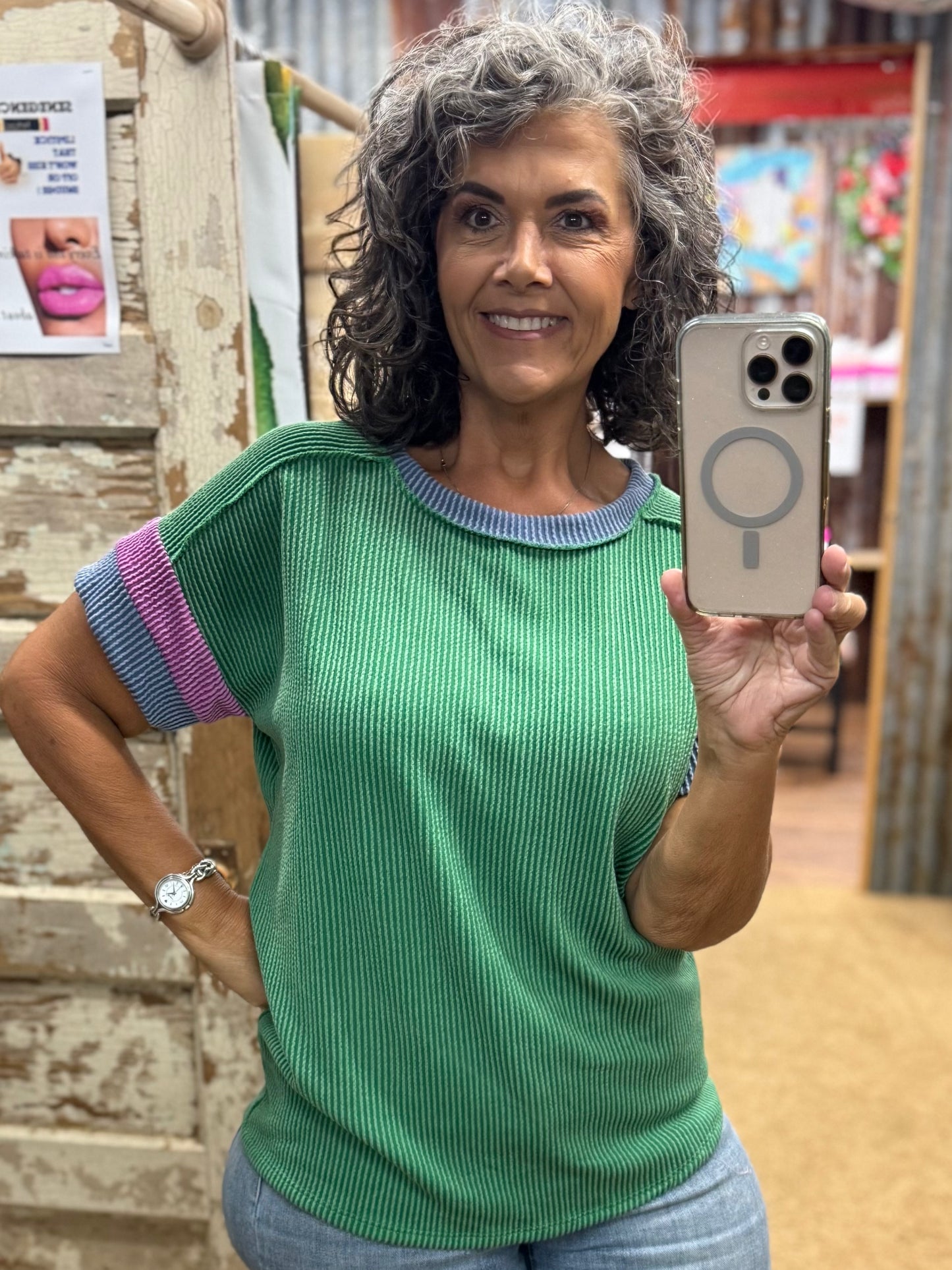 Green Ribbed Color Block Top