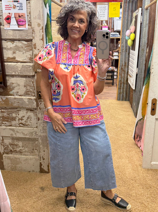 Coral Floral Border Blouse
