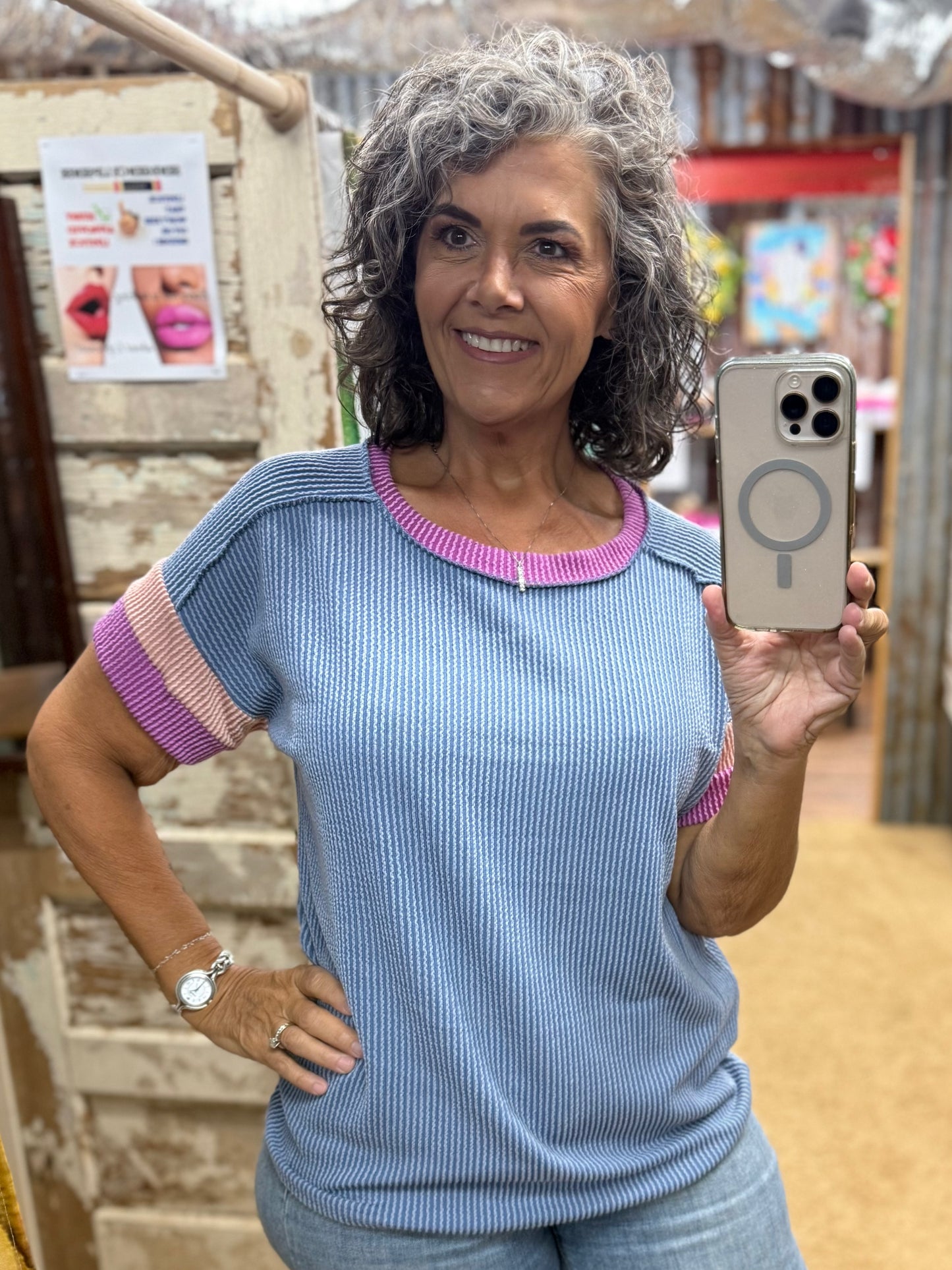 Blue Ribbed Color Block Top
