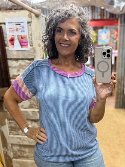 Blue Ribbed Color Block Top