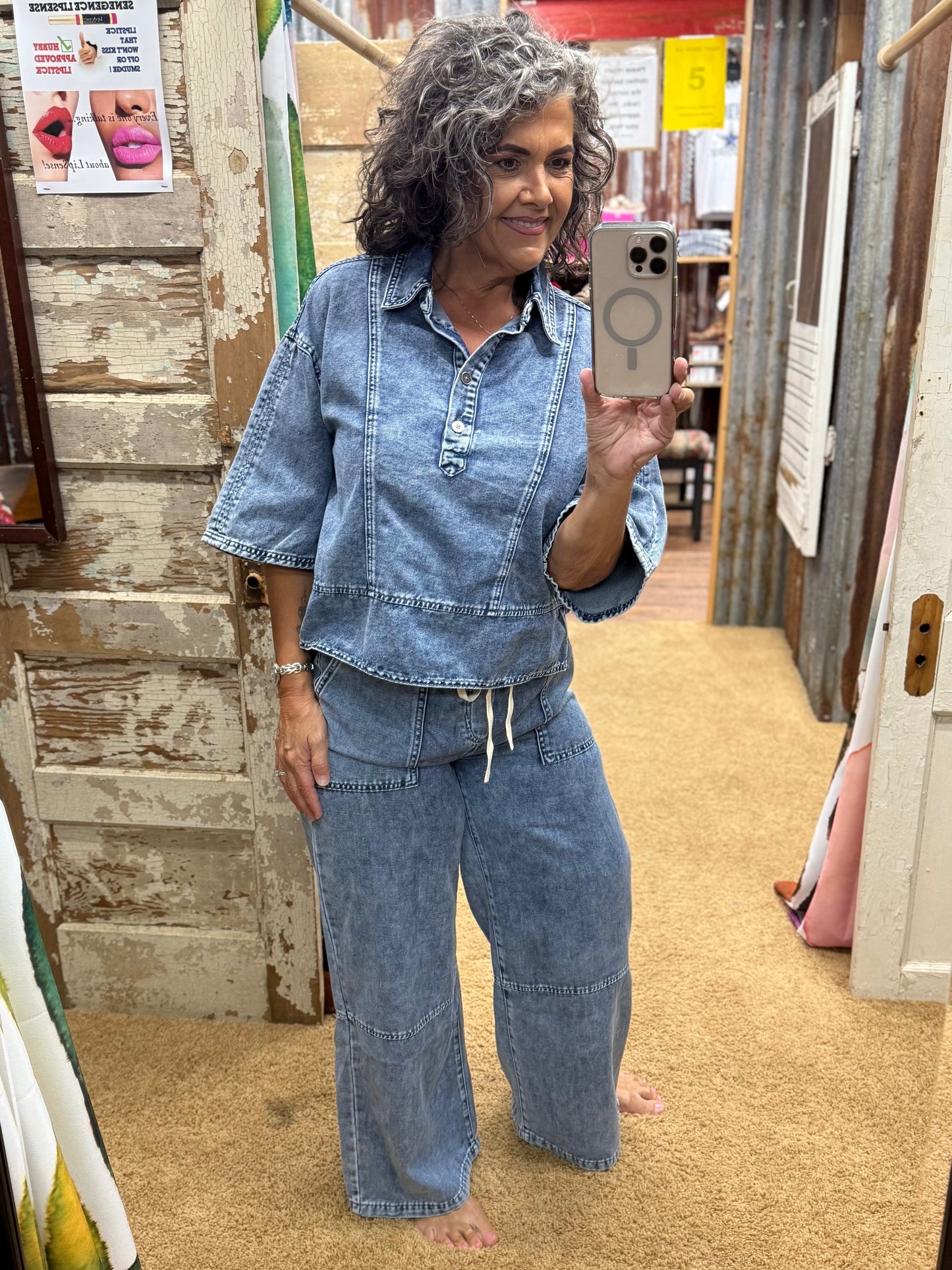 Wide-Leg Denim Drawstring Pants