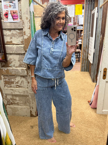 Wide-Leg Denim Drawstring Pants