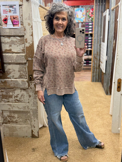 FLORAL PRINTED THERMAL MINERAL WASHED PULLOVER