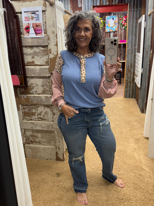 Stand By Me Animal Print Solid Blue Rib Top
