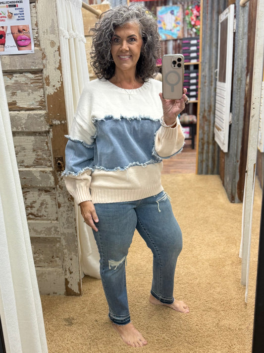 Colorblock Distressed Denim Patchwork Knit Sweater