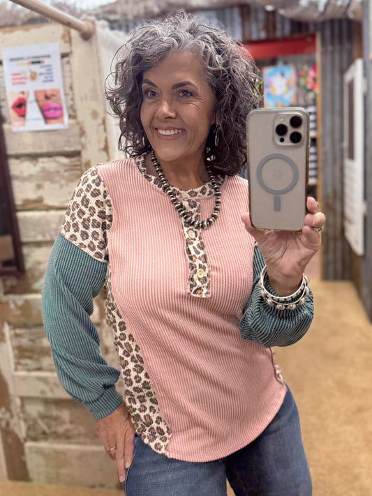 Stand By Me Animal Print Rose/Moss Rib Top