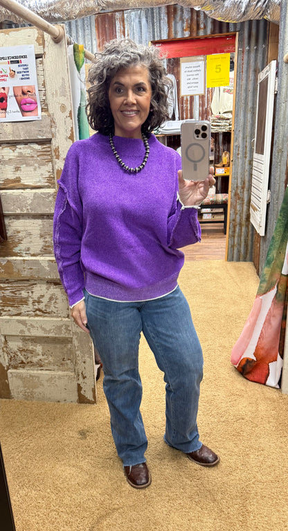 Purple Oversized Mock Neck Chenille Sweater